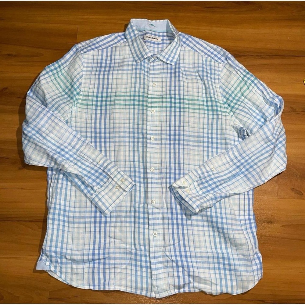 Mens Tommy Bahama 100% Linen Plaid Button Up Casual Shirt